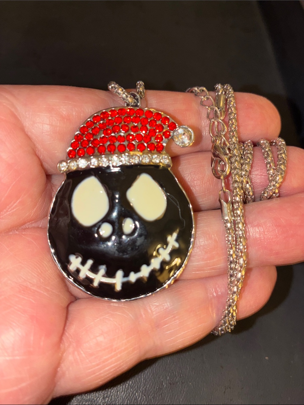 Playful Nightmare Before Christmas Black Skull Pendant Necklace